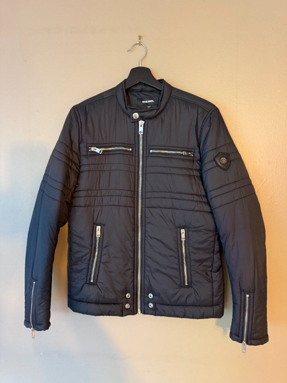 Diesel Black Quilted Nylon Moto Puffer Jacket Cosmic Noise Men's Size M